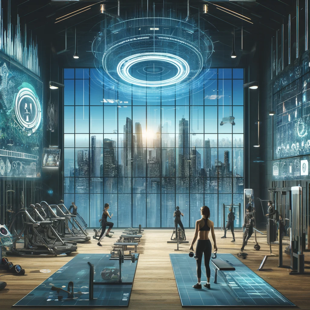 Fitness wearables and biometric scanners in use, and include a futuristic cityscape visible through large panoramic windows of the gym.