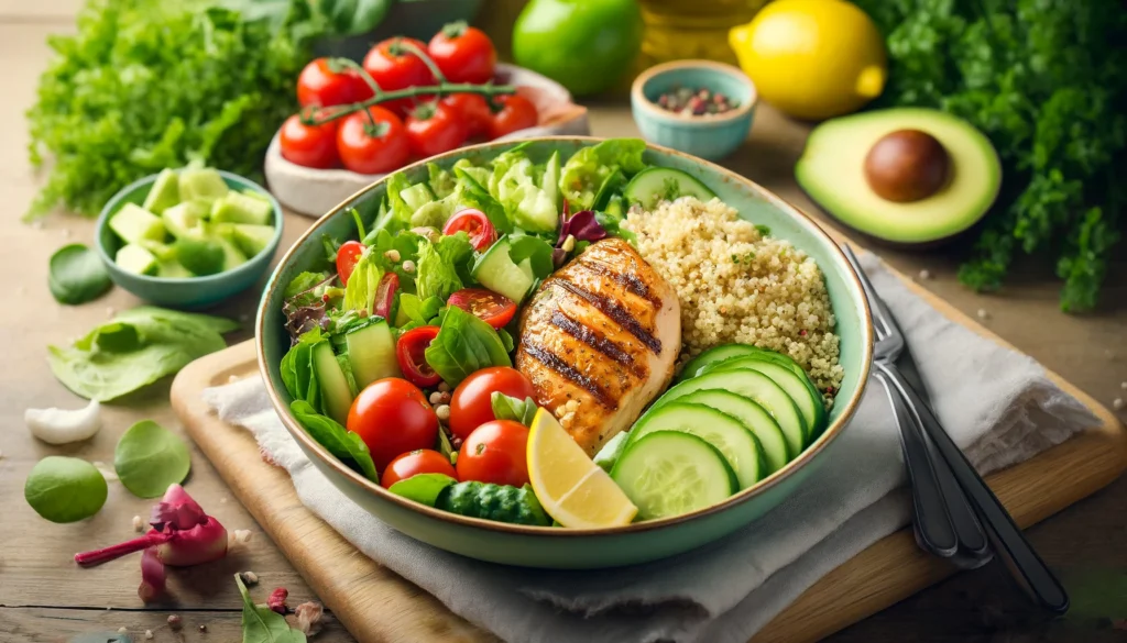 A colorful and balanced meal consisting of grilled chicken, quinoa, and a fresh salad with mixed greens, cherry tomatoes, cucumbers, and avocados. The meal is beautifully plated on a wooden table with fresh ingredients in the background.
