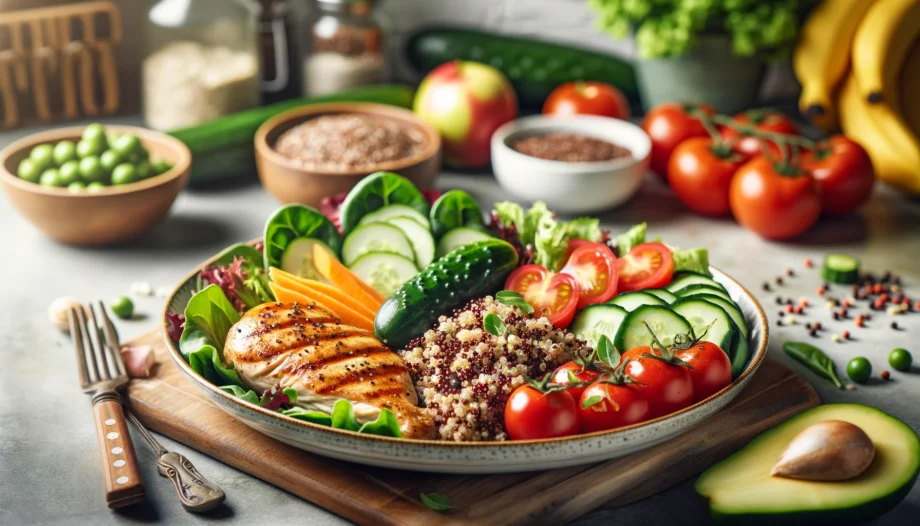 A balanced meal with grilled chicken, quinoa, a colorful salad with leafy greens, tomatoes, cucumbers, and a side of fresh fruit. The background features a kitchen setting with fresh ingredients on the counter.