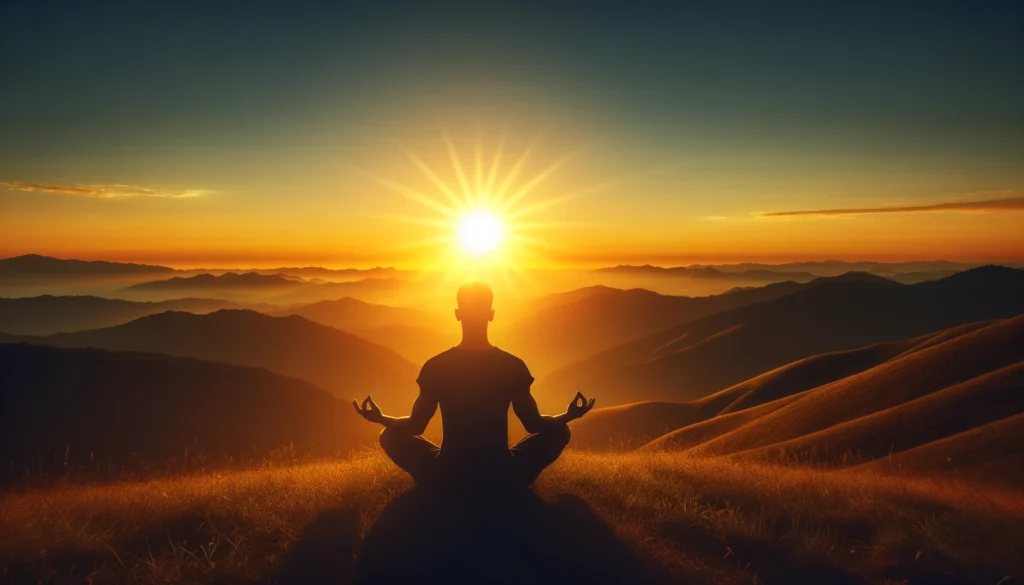 A person meditating in lotus position on a hilltop during sunrise, facing the horizon.
