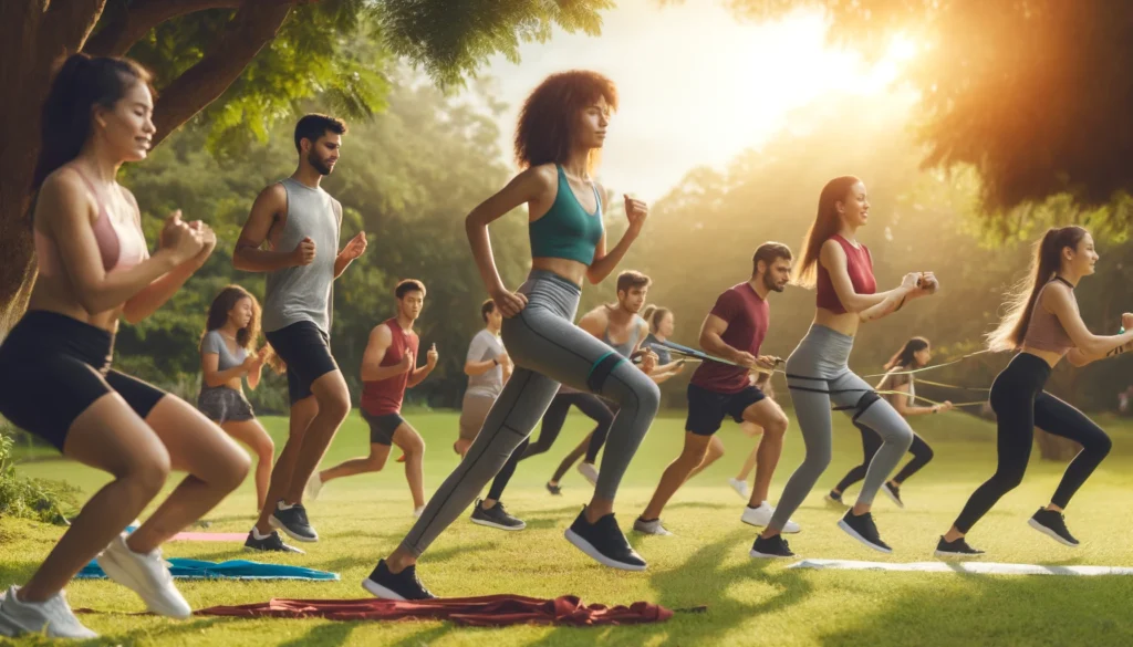A group of diverse people exercising outdoors in a park. Some are running, others are doing yoga, and a few are using resistance bands. The atmosphere is energetic with lush greenery and clear skies in the background.