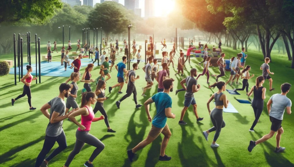 A vibrant and diverse group of people exercising in a park. Some are running, others are doing yoga, and a few are using fitness equipment. The atmosphere is energetic with greenery and a clear blue sky in the background.