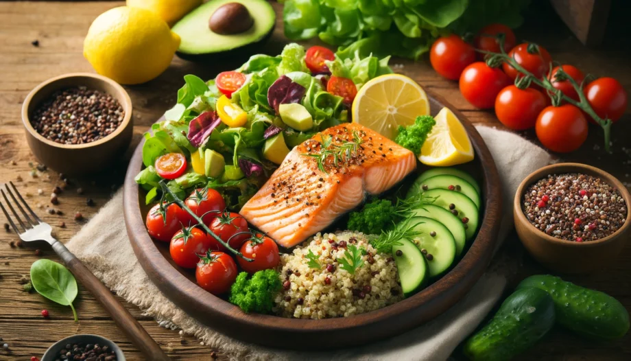 A balanced, nutritious meal consisting of grilled salmon, quinoa, and a colorful salad with mixed greens, cherry tomatoes, cucumbers, and avocados. The meal is beautifully plated on a wooden table with fresh ingredients like lemons and herbs in the background.