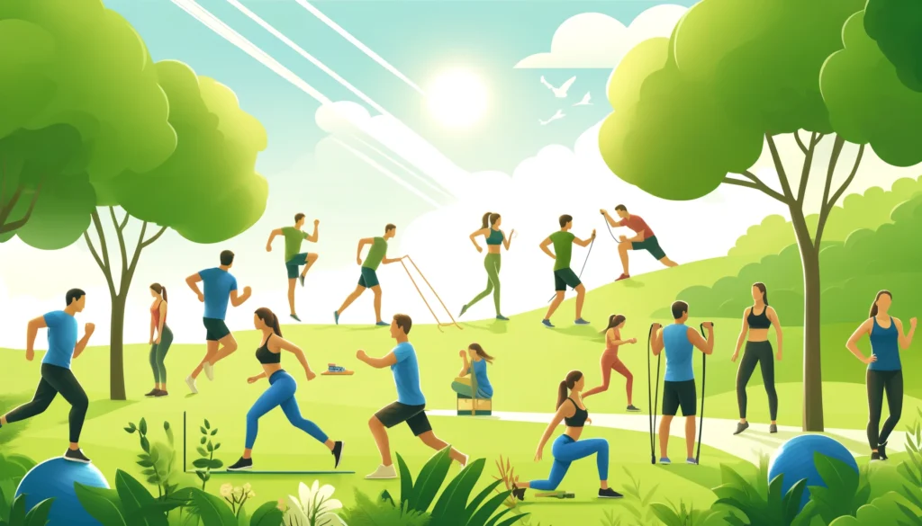 A group of people engaging in various outdoor exercises in a park. Some are running, others are doing yoga, and a few are using resistance bands. The background includes lush greenery and clear skies.