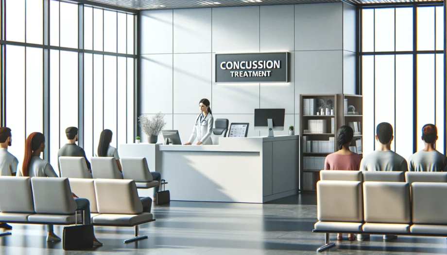 Clean and contemporary medical clinic setting specifically for concussion treatment, showing a reception area with a desk, computer, medical brochures, and a receptionist. Patients of various backgrounds sit in the comfortable waiting area.