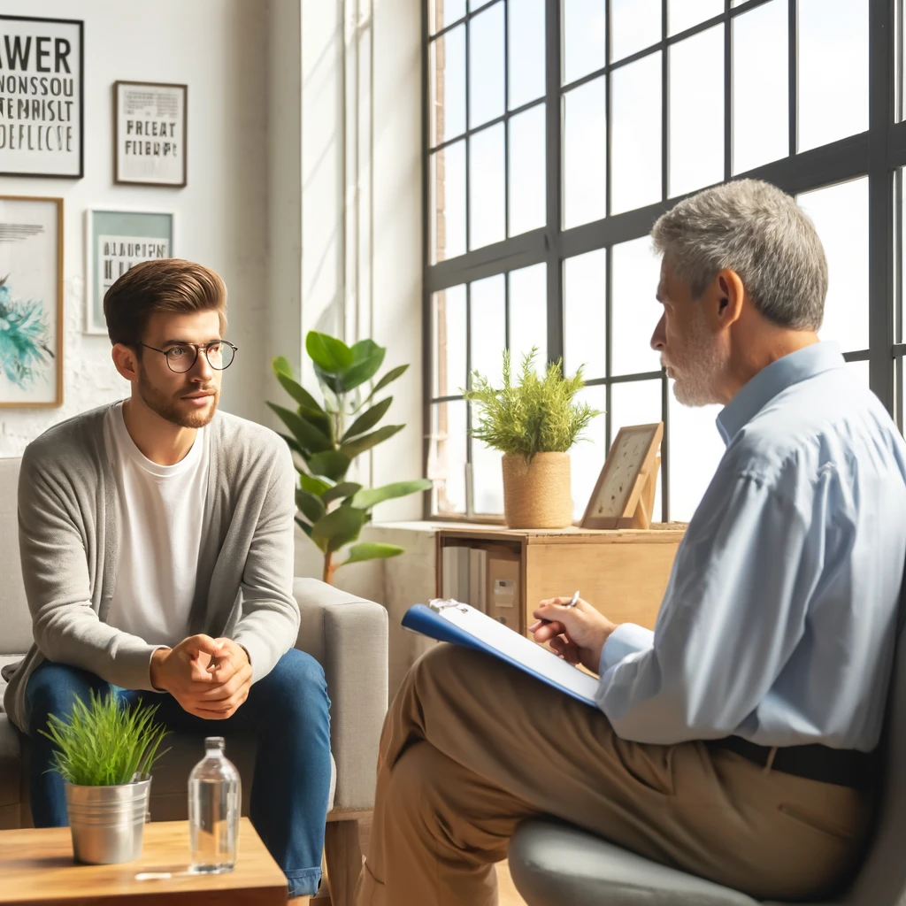 A mental health therapist in Indianapolis conducting a therapy session in a bright and modern office. The therapist, a young man with glasses, is attentively listening to an older man who is speaking. The office has large windows letting in natural light, potted plants, and motivational posters on the walls.